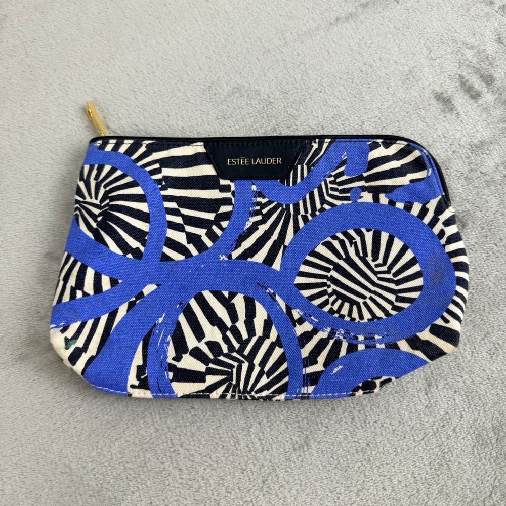 Estee Lauder Cosmetic Bag Blue White Black Canvas Abstract Swirl Makeup Pouch